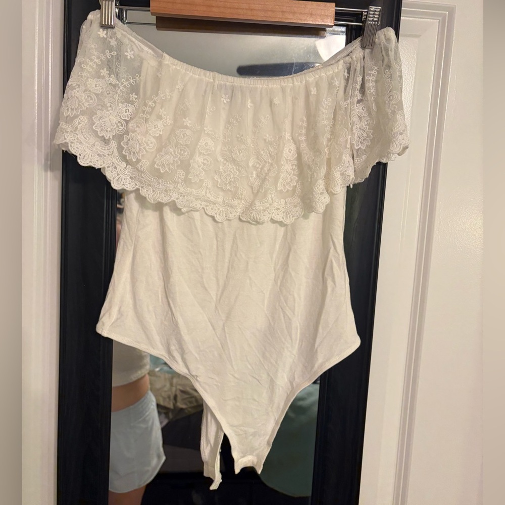 Lulus Off-Shoulder Lace Trim White Bodysuit